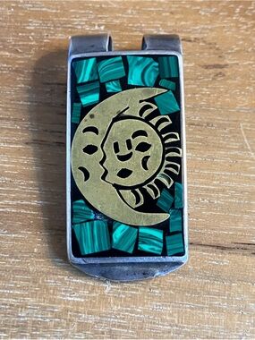 Vintage Taxco Mixed Metal Malachite Money Clip (Latin TP-114 Mexico)